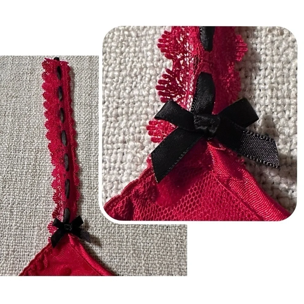 LINEA DONATELLA Entice Me Red Dot Semi Sheer Chemise Lace Bra Cami Women's M